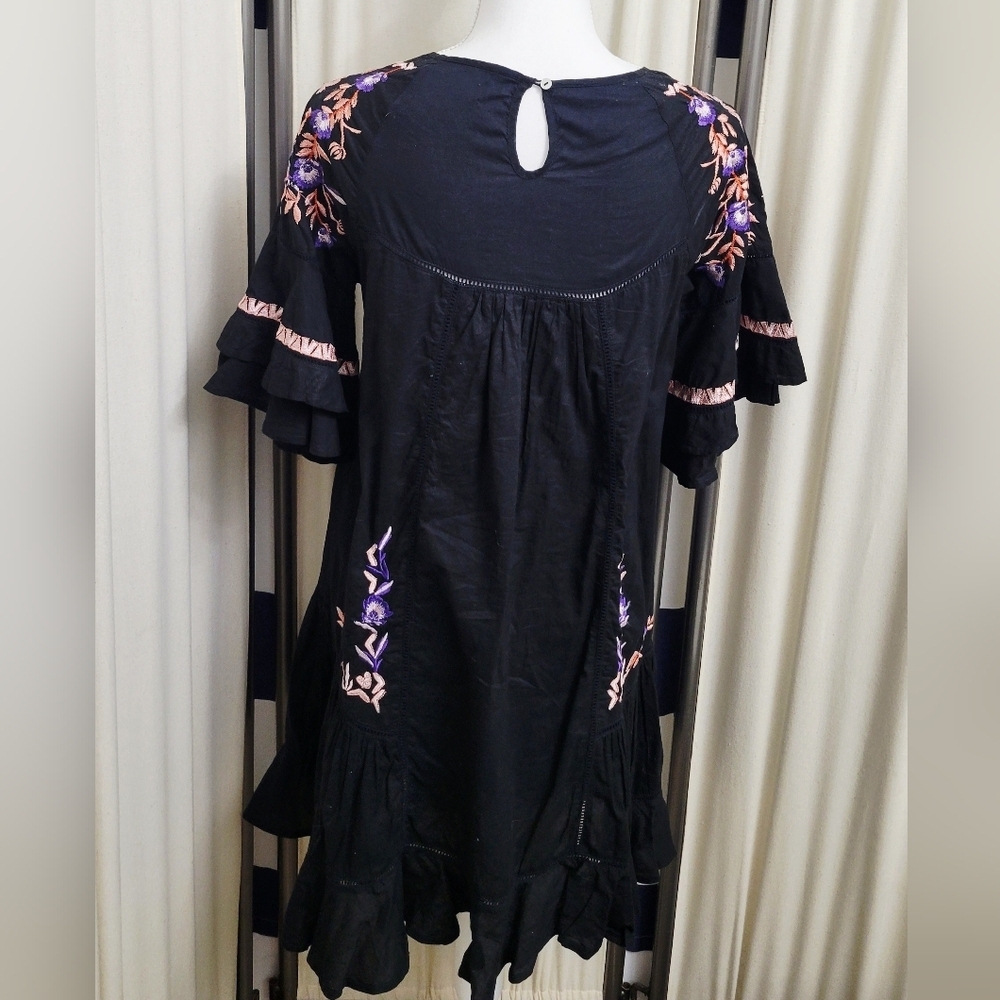 Free People Black Dress with Purple & Pink Embroidery | Size Small - Picture 2 of 4